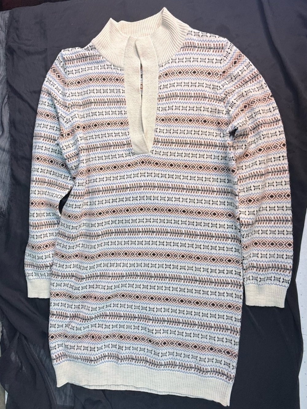 Pattern Knit Sweater Dress in Cream and Brown extra fine merino wool
